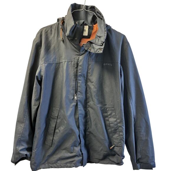 Orvis Jacket Mens Large Navy Orange Hooded Windbreaker Mesh Lined Zip Pockets - Picture 1 of 8
